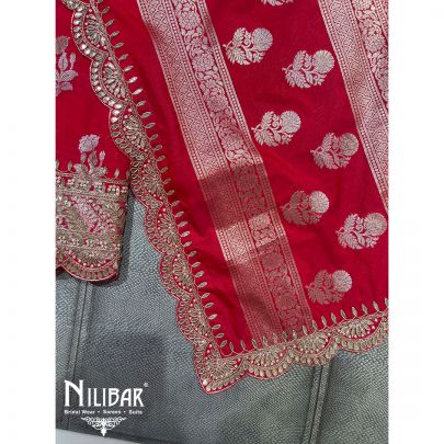 Scarlet Red Brocade Silk Unstitched Suit