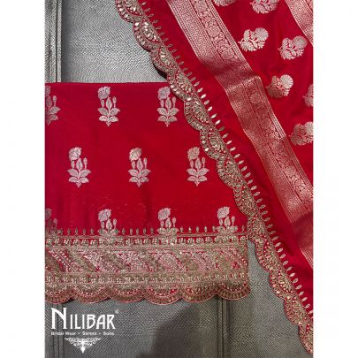 Scarlet Red Brocade Silk Unstitched Suit