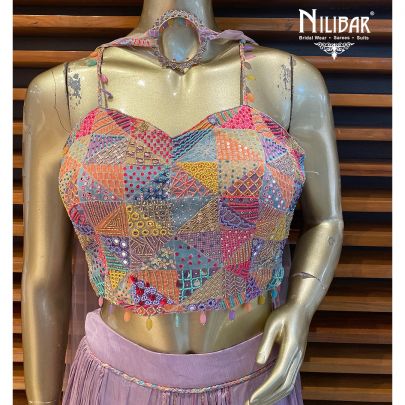 Lilac and Multicolor Chinon Lehenga  