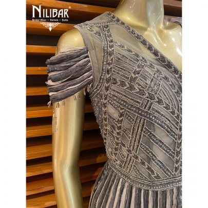 Gray and Black Chinon and net Lehenga