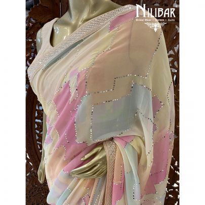 Cream and Pink Georgette Printed Saree