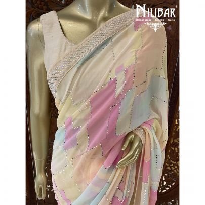 Cream and Pink Georgette Printed Saree