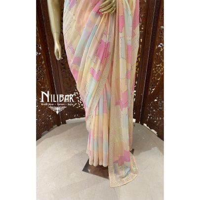 Cream and Pink Georgette Printed Saree