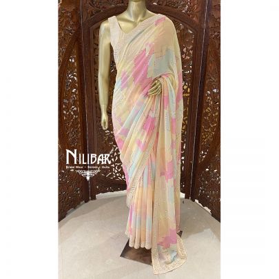 Cream and Pink Georgette Printed Saree