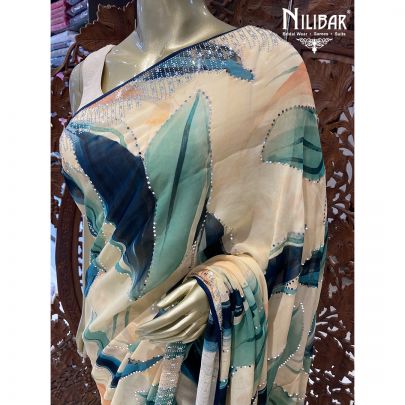 Cream and Multicolor Georgette Printed Saree