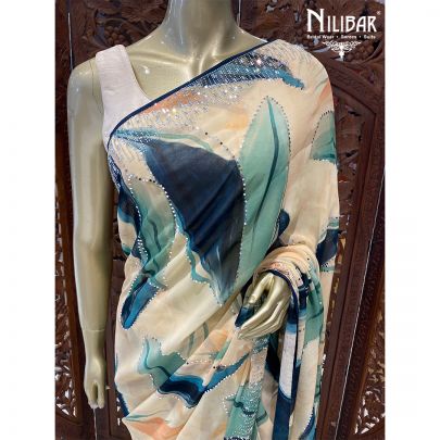 Cream and Multicolor Georgette Printed Saree