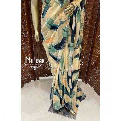 Cream and Multicolor Georgette Printed Saree
