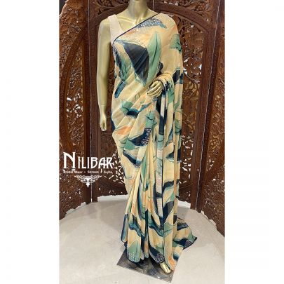 Cream and Multicolor Georgette Printed Saree
