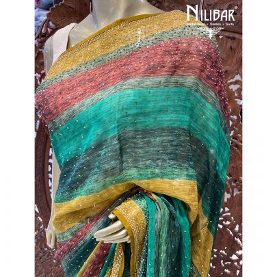 Green and Multicolor Georgette Printed Saree