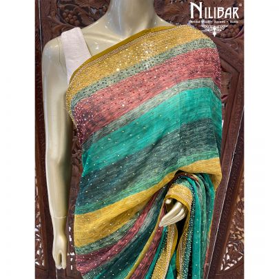 Green and Multicolor Georgette Printed Saree
