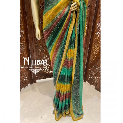 Green and Multicolor Georgette Printed Saree