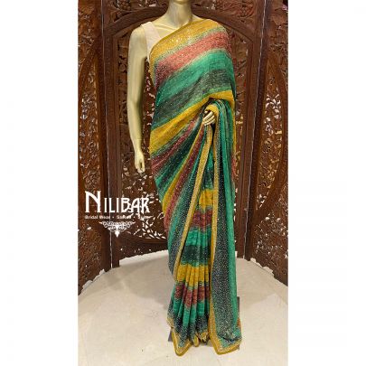 Green and Multicolor Georgette Printed Saree