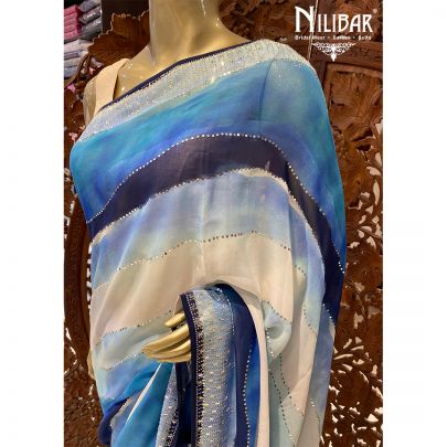 Blue and Multicolor Georgette Printed Saree