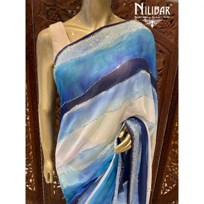 Blue and Multicolor Georgette Printed Saree