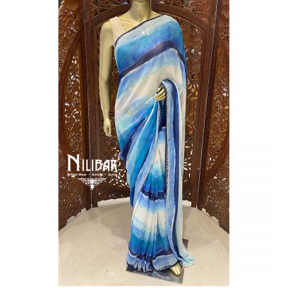 Blue and Multicolor Georgette Printed Saree