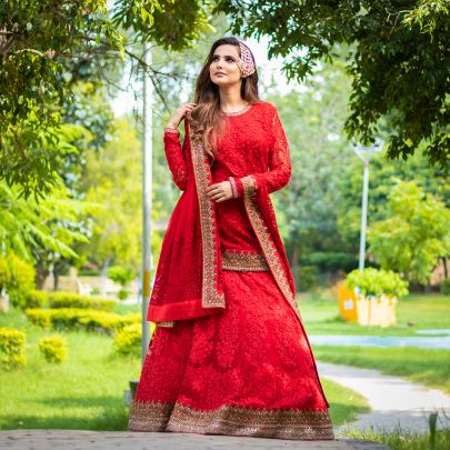 Miss Pooja in Our Beautiful Red Chikankari Lehenga