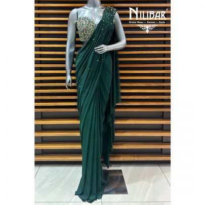 Bottle Green Lycra Drape Saree
