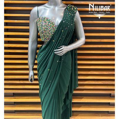 Bottle Green Lycra Drape Saree