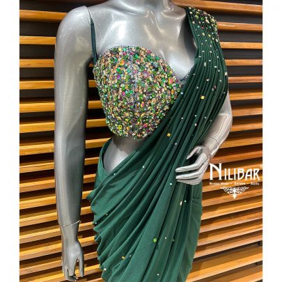 Bottle Green Lycra Drape Saree