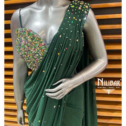 Bottle Green Lycra Drape Saree