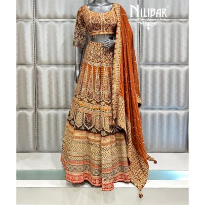 Rust Crepe Printed Lehenga