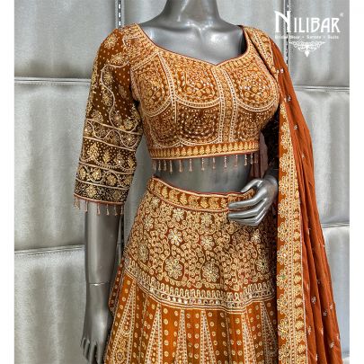Rust Crepe Printed Lehenga