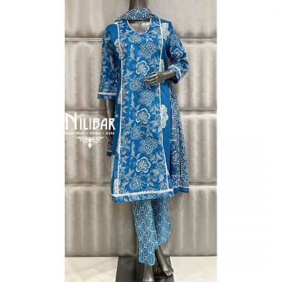 French Blue Cotton Printed Kurta Set