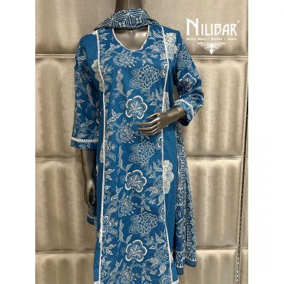 French Blue Cotton Printed Kurta Set