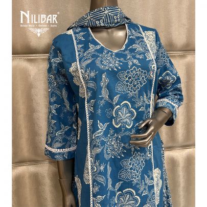 French Blue Cotton Printed Kurta Set