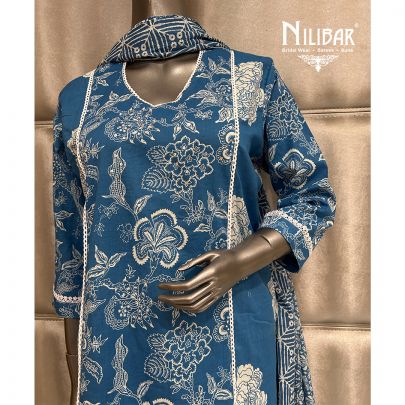 French Blue Cotton Printed Kurta Set