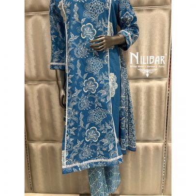 French Blue Cotton Printed Kurta Set