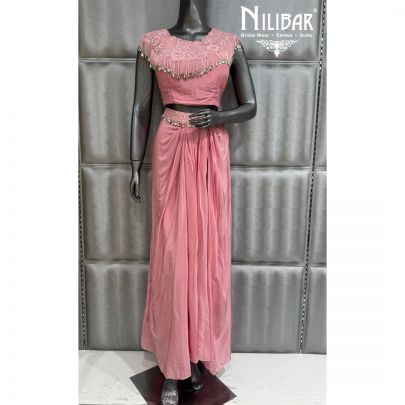 Blush Pink Crepe Crop Top With Neck Cape and Pleated Skirt