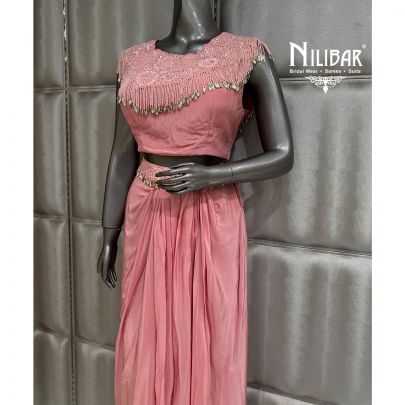 Blush Pink Crepe Crop Top With Neck Cape and Pleated Skirt