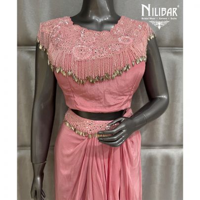 Blush Pink Crepe Crop Top With Neck Cape and Pleated Skirt