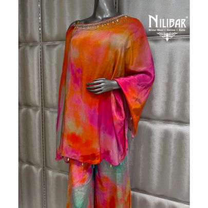 Multicolor Crepe Crop Top With Flowy Bottom