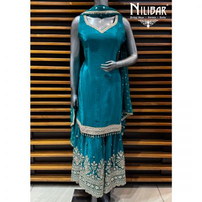 Peacock Blue Crepe Long Shirt With Sharara & Dupatta