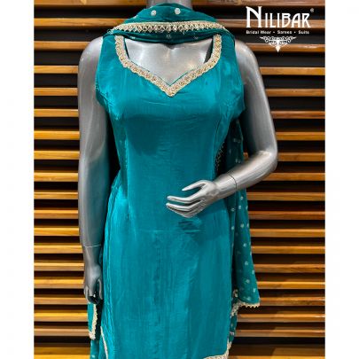 Peacock Blue Crepe Long Shirt With Sharara & Dupatta