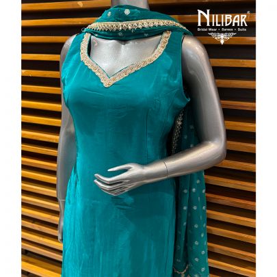 Peacock Blue Crepe Long Shirt With Sharara & Dupatta