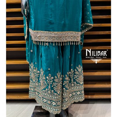 Peacock Blue Crepe Long Shirt With Sharara & Dupatta