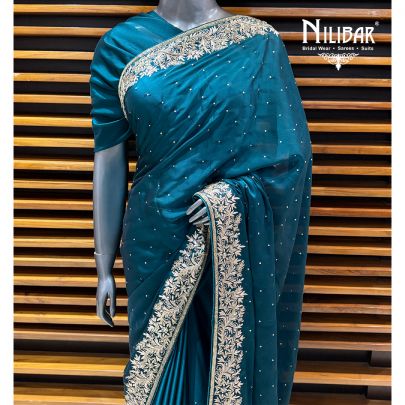 Peacock Blue Satin Unstitched Saree With Unstitched Blouse