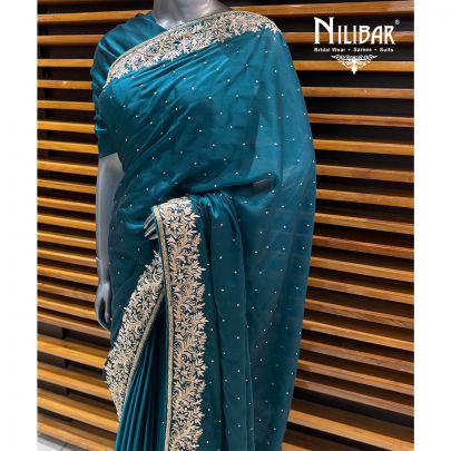 Peacock Blue Satin Unstitched Saree With Unstitched Blouse