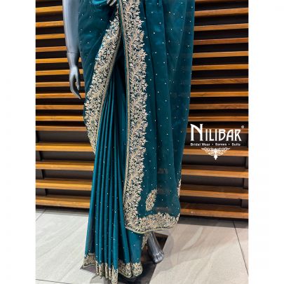 Peacock Blue Satin Unstitched Saree With Unstitched Blouse