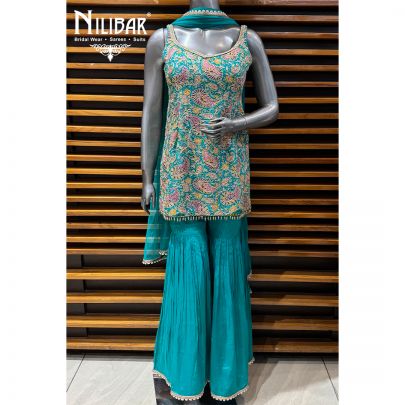 Peacock Blue Chinon Short Shirt With Garara & Dupatta