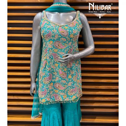Peacock Blue Chinon Short Shirt With Garara & Dupatta