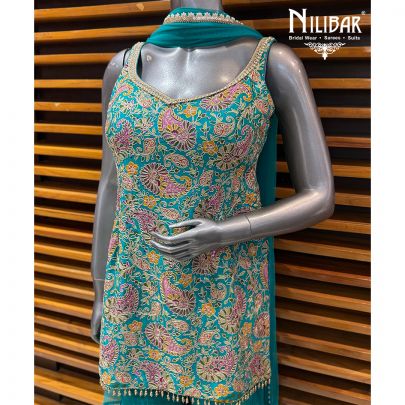 Peacock Blue Chinon Short Shirt With Garara & Dupatta