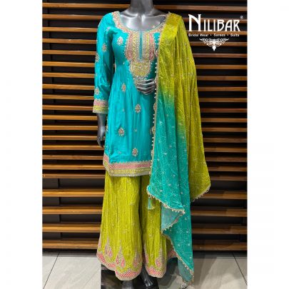 Peacock Blue & Neon Green Crepe Shirt With Sharara & Dupatta