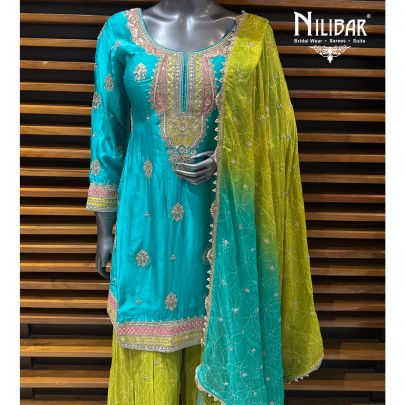 Peacock Blue & Neon Green Crepe Shirt With Sharara & Dupatta