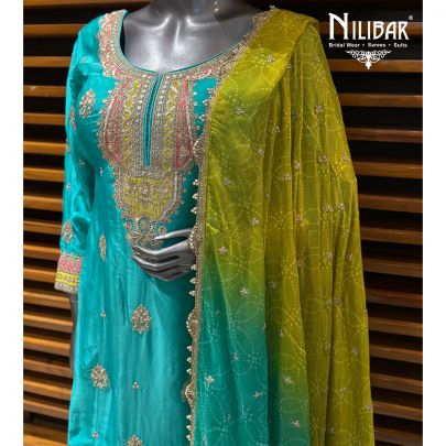 Peacock Blue & Neon Green Crepe Shirt With Sharara & Dupatta