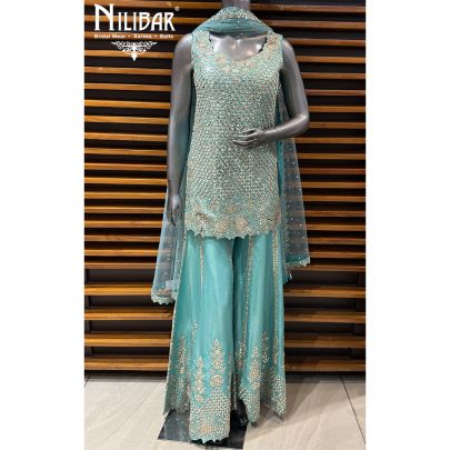 Peacock Blue Silk Short Top With Loose Sharara & Soft Net Dupatta
