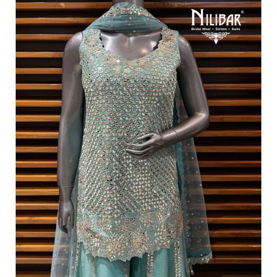 Peacock Blue Silk Short Top With Loose Sharara & Soft Net Dupatta